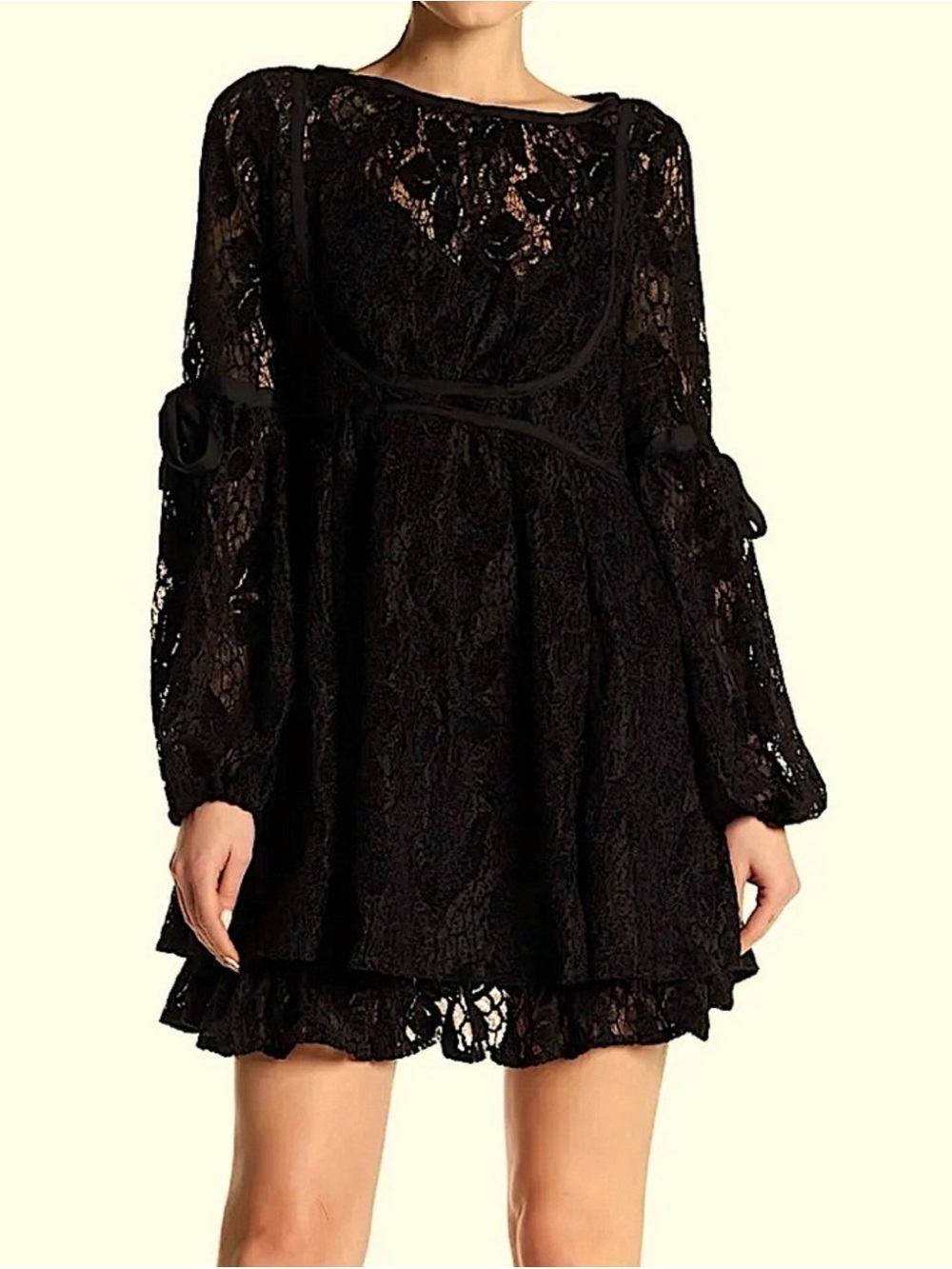 Free People black sheer mini lace dress w billowed sleeves sz XS